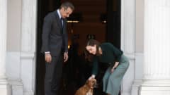 Suomen pääministeri Sanna Marin silittää Kreikan pääministerin Kyriakos Mitsotakisin koiraa.