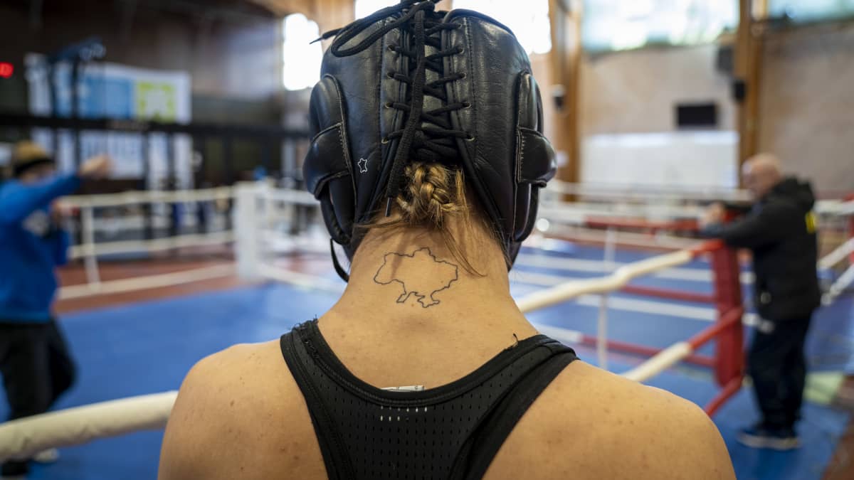 Ukrainalaisen naisten nyrkkeilyn Euroopan mestarin Anastasiia Kovalchukin niska, johon on tatuoitu Ukrainan valtion  rajat, sisältäen Krimin niemimaan.