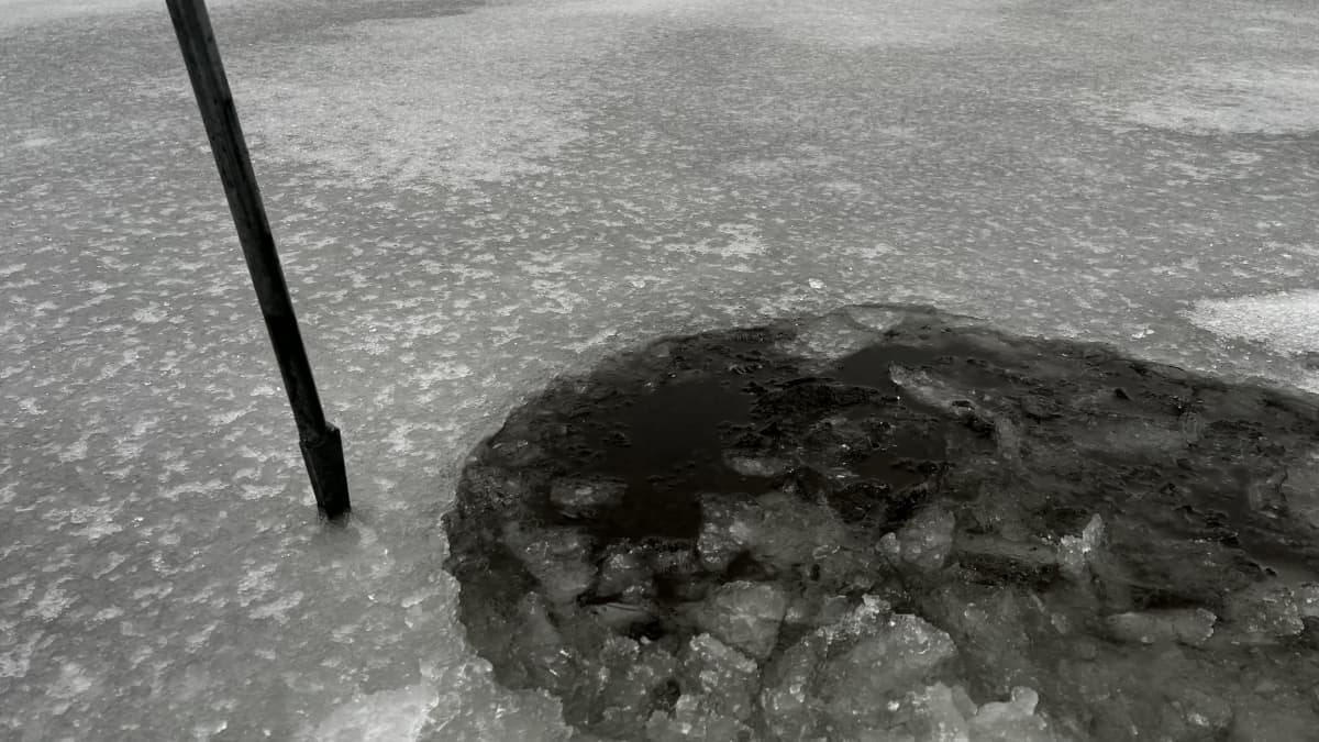 Lähikuvaa järven jäällä olevasta sulasta kohdasta.