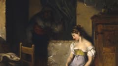 Romantiikan ajan maalaus seinään nojaavasta, istuvasta naisesta, jolla kori kädessään. 