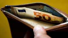 Euro bills in a wallet. 