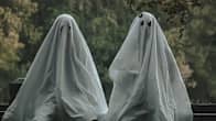 Två personer sitter på ett staket, täckta med vita lakan som spöken, i en skogsmiljö.