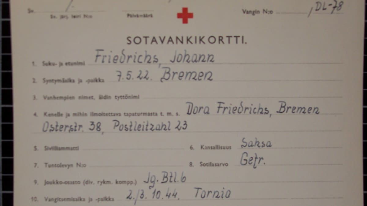 Hollantilaisen Johan Friedrichsin sotavankikortti. Täytetty 30.10.1944. Kortti on kuvitusta Paapeli 1944-kirjassa.