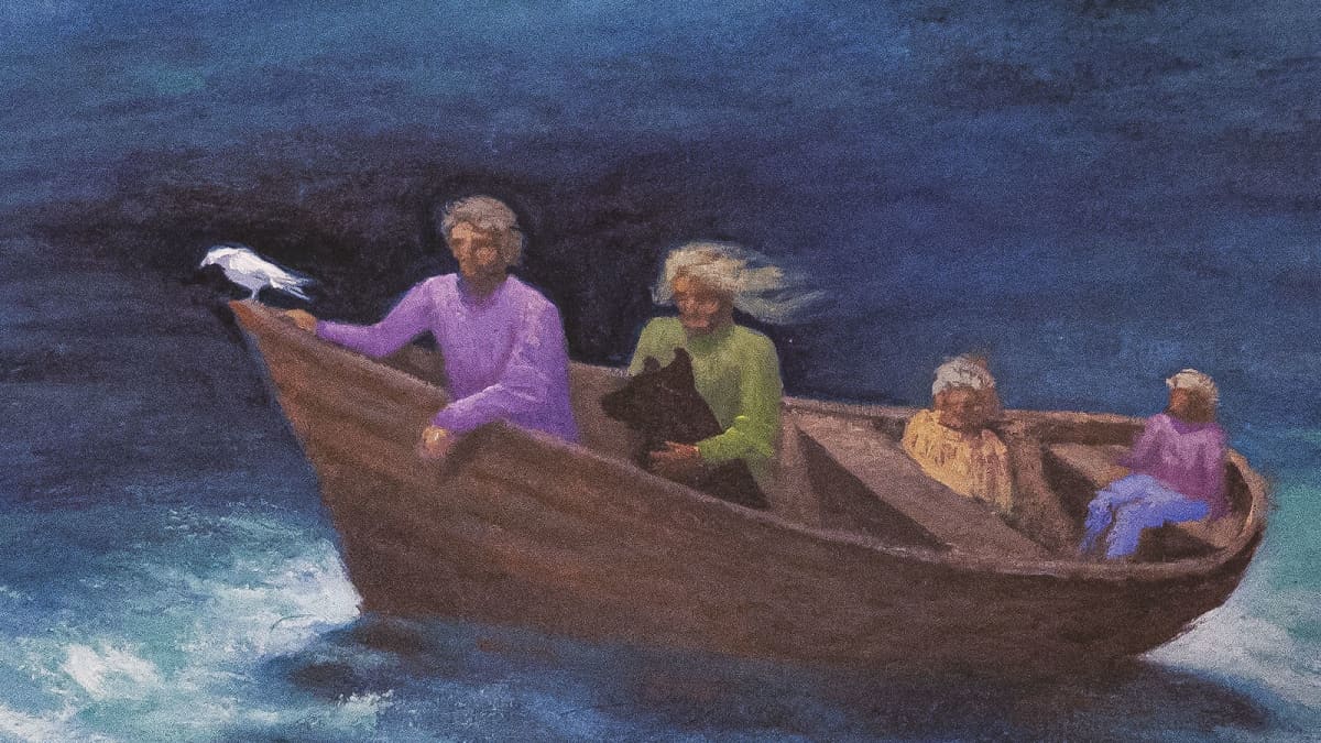 Yksityiskohta Samuli Heimosen taidemaalauksesta: Kaksi aikuista, kaksi lasta ja koira veneessä, jonka kokassa istuu kyyhkynen