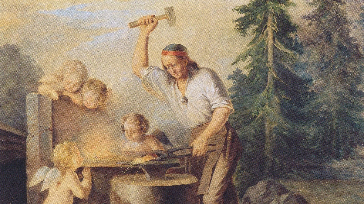Seppä Seppo Ilmarinen takoo Sampoa  enkelien ympäröimänä Berndt Godenhjelmin maalauksessa. 