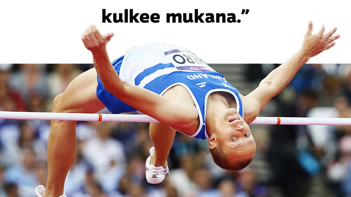 Teksti kuvassa: "Mitä huonommin kilpakentillä menee, sitä enemmän lisäravinteita kulkee mukana." – Osku Torro, entinen korkeushyppääjä