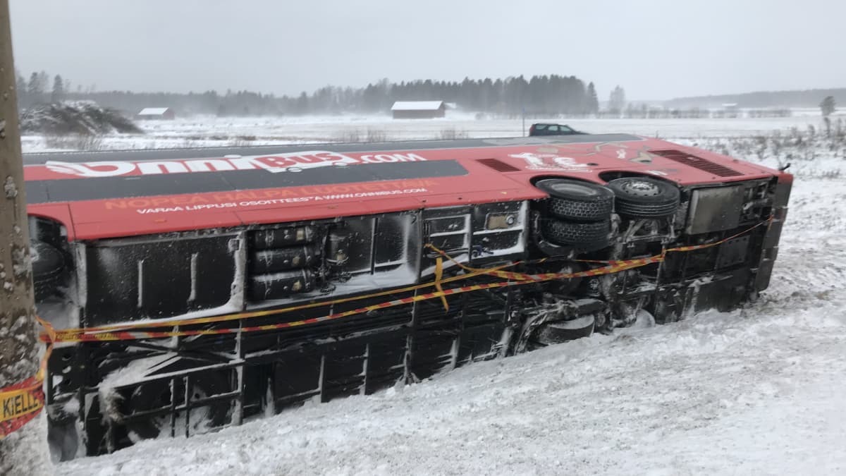 Lumimyrsky 12.1.2021. Linja-auto ojassa valtatiellä 8.
