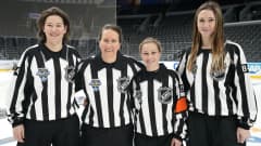 NHL-tähdistöviikonlopun 2020 naistuomarit vasemmalta alkaen; Kendall Hanley, Katie Guay, Kelly Cooke ja Kirsten Welsh.