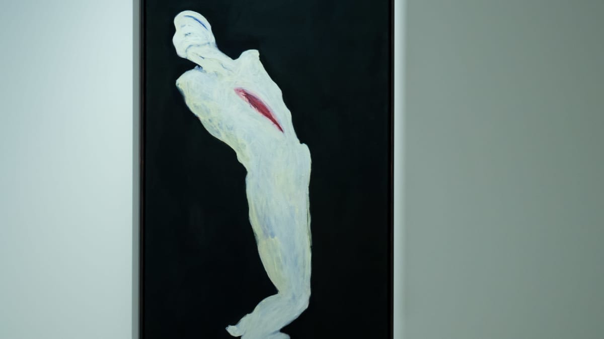 Taidemaalari Marjatta Tapiolan v. 1986 taulu "Tyhjät hihat", kuvattuna hänen "Toisin sanoin" näyttelyssään Lahden visuaalisten taiteiden museo Malvassa, 2.11.2022.
