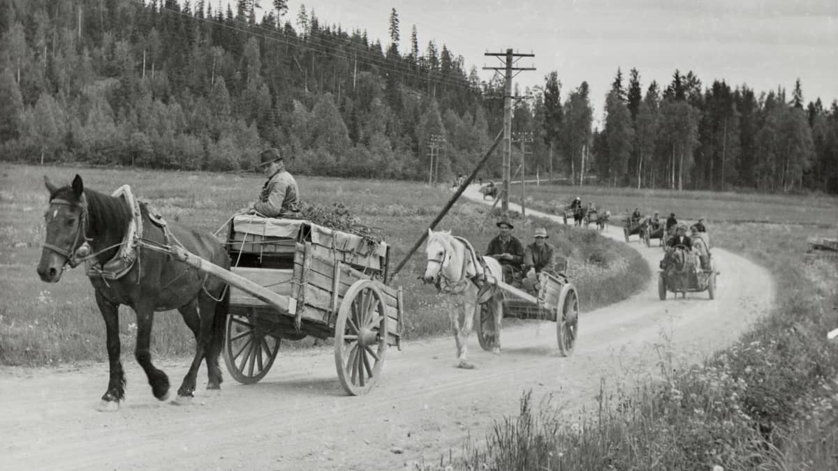 Hevoskärryjä evakkomatkalla hiekkatiellä.