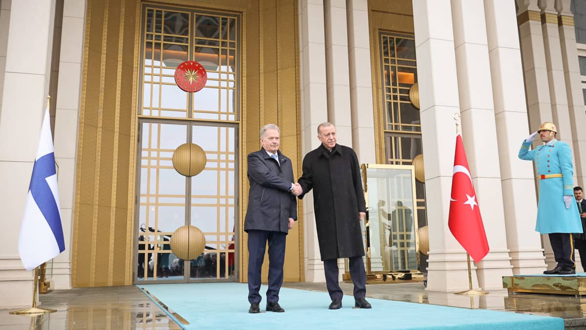 Presidentit Erdogan ja Niinistö Turkin presidentinpalatsin rappusilla.