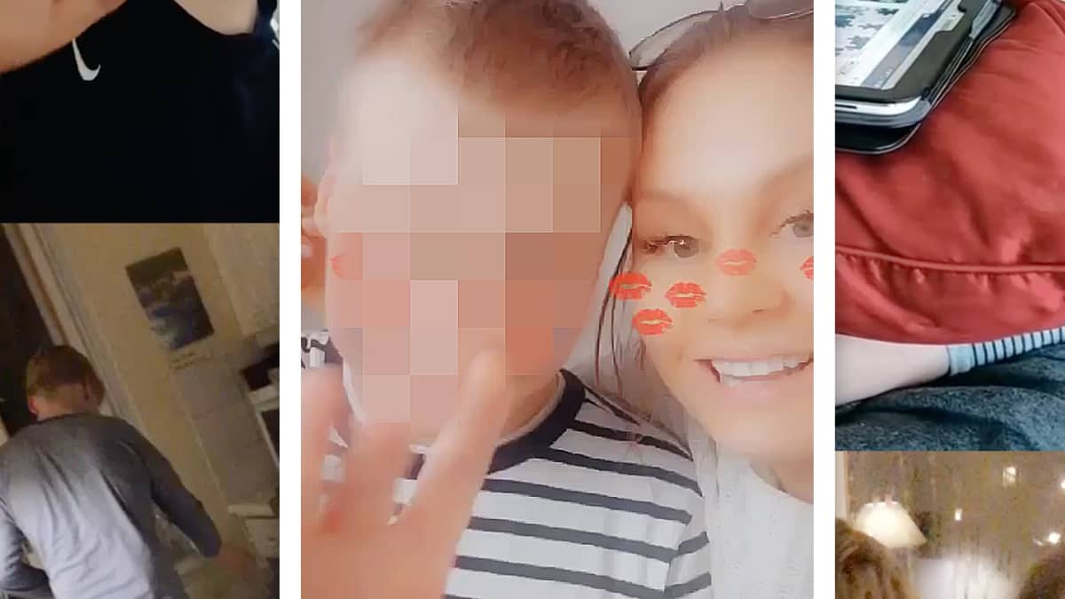 Kuvakollaasi, jossa Lukas kotona erilaisissa tilanteissa, mm. siskonsa kanssa. Lukasin kasvot sumennettu.