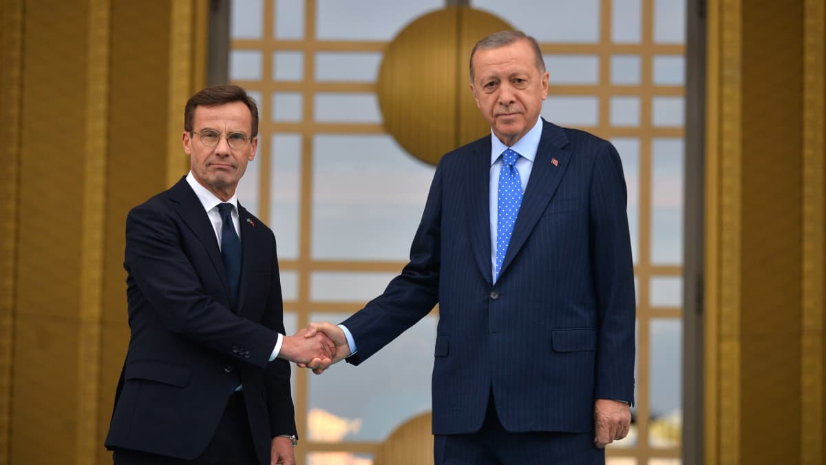 Turkin presidentti Recep Tayyip Erdogan (vas.) ja Ruotsin pääministeri Ulf Kristersson (oik.) kättelevät presidentinlinnassa Ankarassa, Turkissa 8. marraskuuta.