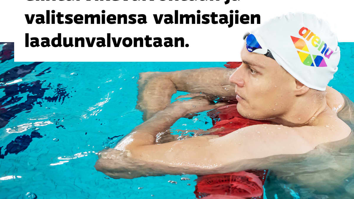 Teksti kuvassa: "Uimari Ari-Pekka Liukkonen käytti viikossa yhdeksää tuotetta. Liukkonen sanoo luottavansa suomalaiseen elintarvikevalvontaan ja valitsemiensa valmistajien laadunvalvontaan."
