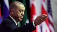 Turkin presidentti Recep Tayyip Erdogan pitää lehdistötilaisuutta G20-kokouksessa Indonesian Balilla.