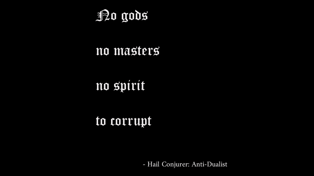 Hail Conjurerin lyriikkaa mustalla pohjalla. 