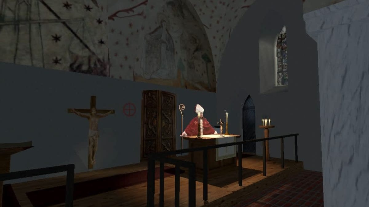 Kuusiston piispanlinna virtuaalimallin kappelihuone, jossa piispa.