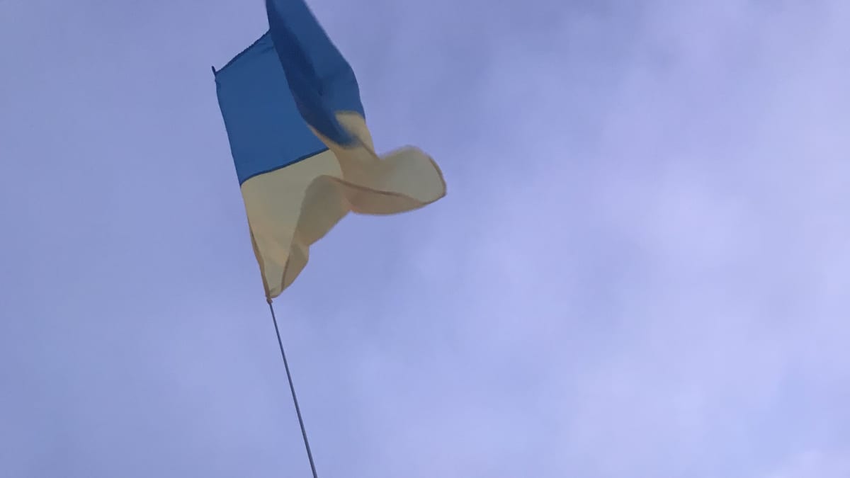 Mielenilmaukseen osallistujia Kokkolan torilla. Ylhäällä yhden osallistujan kädessä heiluu Ukrainan lippu.