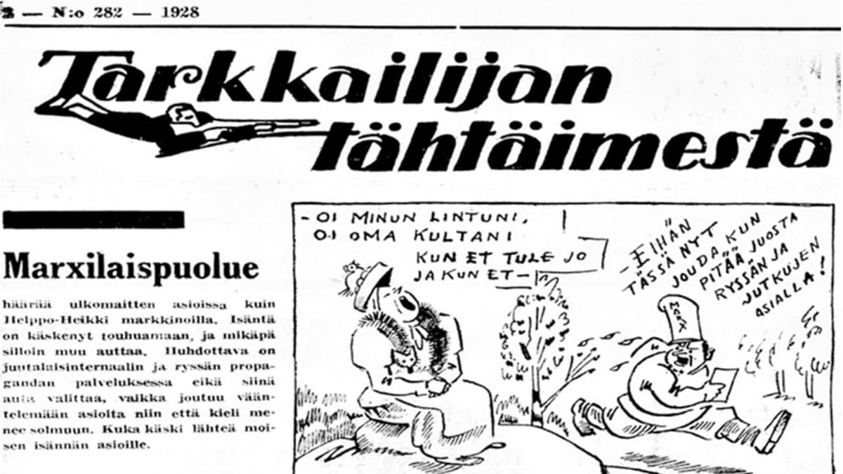 Artikkeli Tarkkailijan tähtäimessä. Kuvituksena piirros jossa nainen kivellä istuen laulaa: Oi minun lintuni... ja Marx juoksee asioilla.