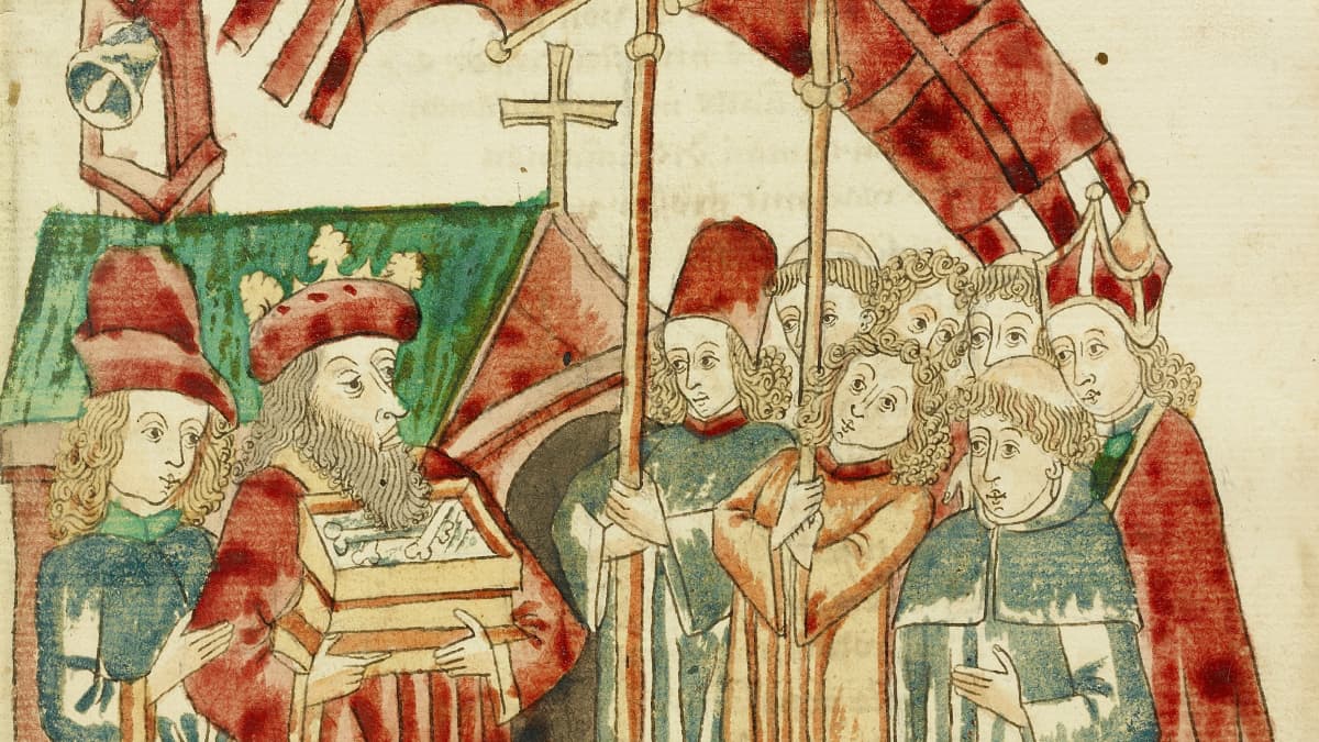 1400-luvun maalauksessa ryhmä kantaa pyhäinjäännöstä ja liput liehuvat.