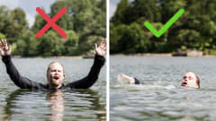 Miltä hukkuva näyttää? Kaksi kuvaa. Henkilö huutaa ja heiluttaa käsiä veden pinnan yläpuolella. Vääriin. Henkilö painaa käsiään veden pintaa vasten. Oikein.