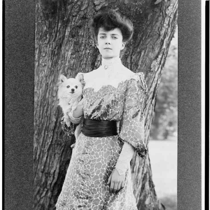 Alice Roosevelt nuorena puun edessä pitkässä mekossa, kädessään chihuahua, katsomassa suoraan kameraan.