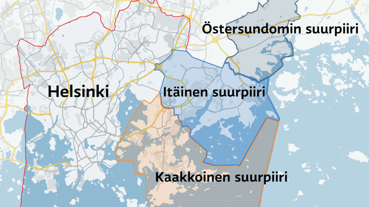 Kartta Helsingin itäisistä suurpiireistä.
