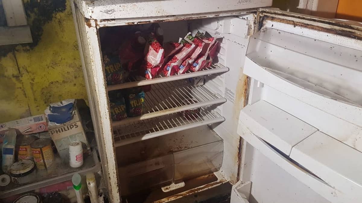Jääkaapissa on elintarvikepusseja ja pillimehuja. Jääkaapin vieressä on lisää elintarvikkeita, kuten kaksi hernekeittopurkkia. Kaikki pinnat ovat tummuneet, ja lattialla on valkoista rihmastoa.
