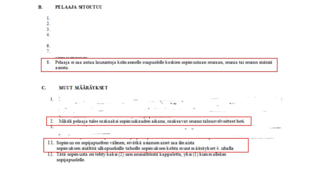 Kuvakaappaus pelaajasopimuksesta, josta on pyyhitty osa kohdista pimentoon. Esillä ovat ehdot lapsettomuudesta ja kiellot seuran asioista tai sopimuksista puhumisesta.