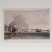 Henry. B Kingin litografiatyö Ruotsinsalmen linnoituskaupungin tuhoamisesta Krimin sodassa 1850-luvulla.