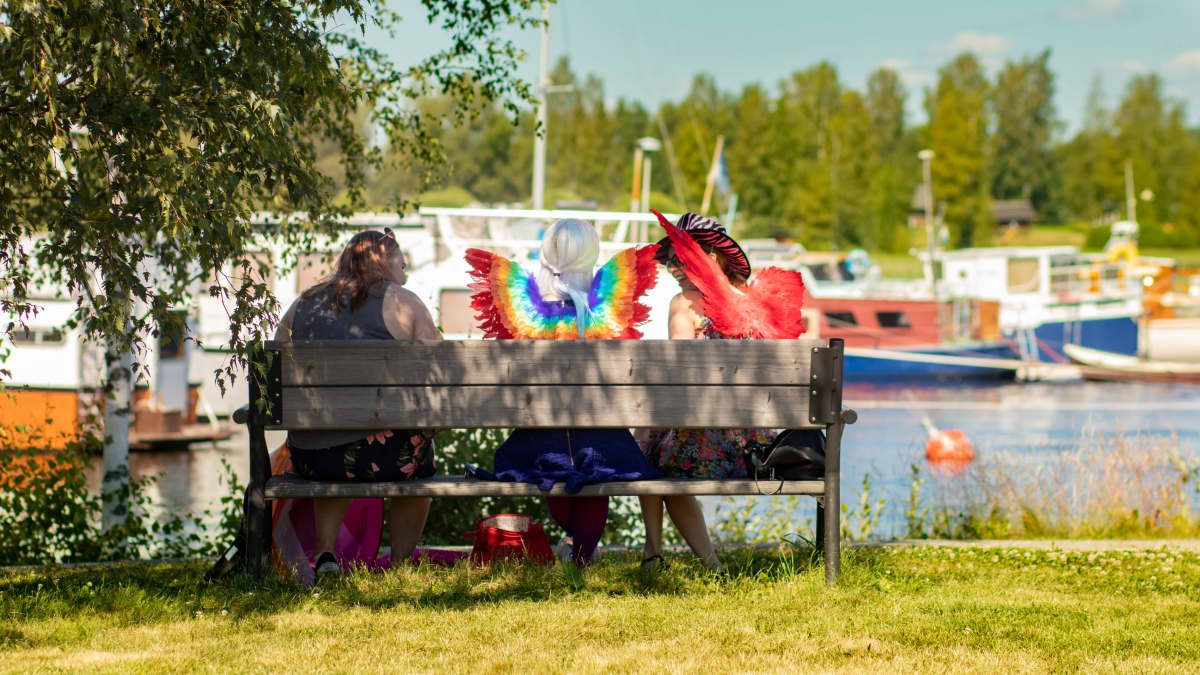 Värikkäisiin asusteisiin pukeutuneita nuoria istumassa järven rannalla penkillä, selkä kameraan päin. Kolmesta nuoresta kahdella on selässään värikkäät siivet.