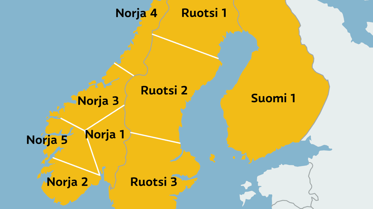 Kartta Ruotsin, Norjan ja Suomen sähköhinta-alueista.