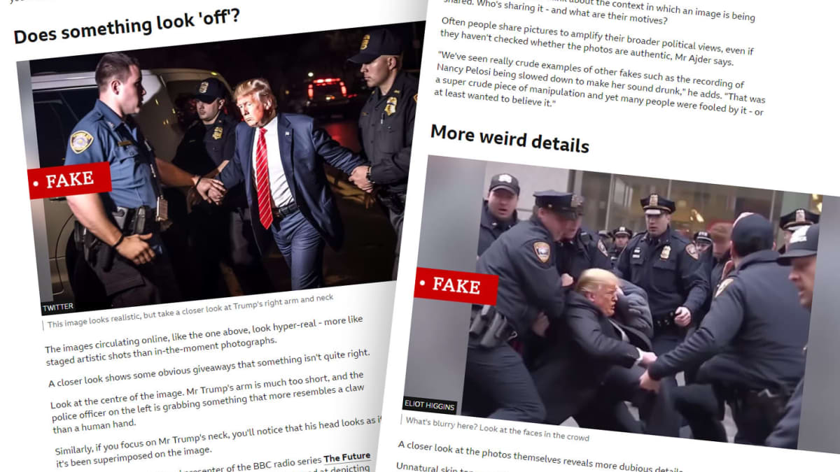 Kuvakaappaus BBC:n artikkelista, jossa käsitellään Donald Trumpin pidätyksestä tekoälyn avulla tehtyjä kuvamanipulaatioita.