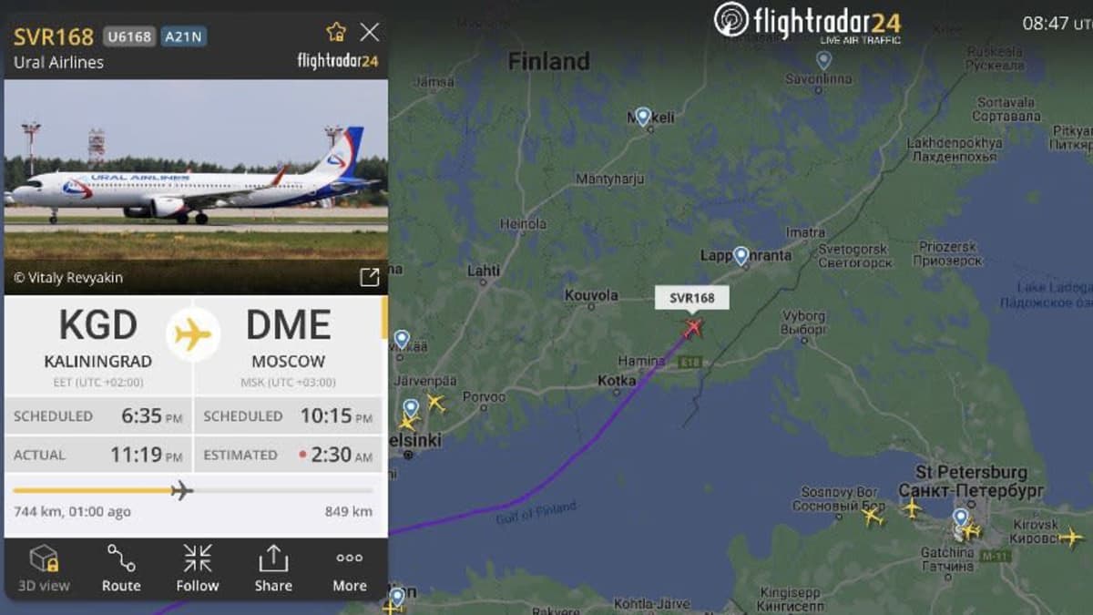 Ural Airlinesin Airbus A321neo lensi Suomen alueen yli