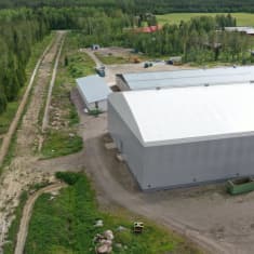 Ilmakuva metsän vieressä olevasta tehtaasta.