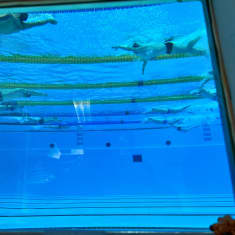Tampereen Kalevan uintikeskus, valvomon ikkuna isoon altaaseen. Vedessä näkyy useita uimareita. Kuvattu 14.11.2023.