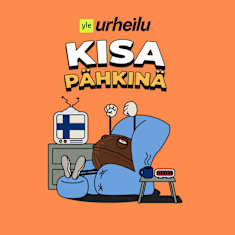 Piirretty pähkinähahmo istuu nojatuolissa katselemassa televisiota missä Suomen lippu. Ylhäällä teksti Kisapähkinä.