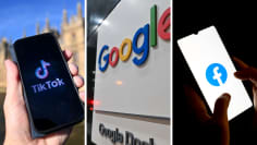 Kolmen kuvan yhdistelmä, joista yhdessä on käsi joka pitelee puhelinta, jossa näkyy Tiktokin logo, toisessa kyltti jossa on Googlen logo ja kolmannessa käsi joka pitelee puhelinta, jossa näkyy Facebookin logo.