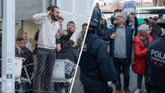 Kuvakombo. Israelilaisen koripalloseuran Maccabi Tel Avivin kannattajat huutelevat Palestiina-mielisille mielenosoittajille kun Palestiinaa tukevat mielenosoittajat protestoivat Barcelonassa.
