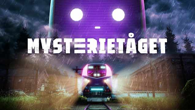 Grafisk bild. I förgrunden ett tåg, och i bakgrunden en mystisk skepnad. Texten Mysterietåget hänvisar till ett rymningsspel av Yle Oppiminen.