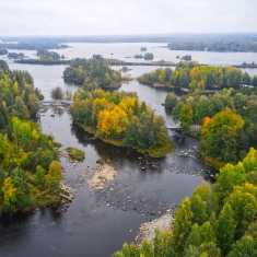 Aerial photo of waterways, islands and trees in Varkaus.