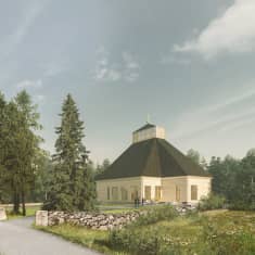 Arkkitehdin laatima havainnekuva Kiihtelysvaaraan rakennettavasta kirkosta. Puinen ristinmuotoinen kirkko seisoo kiviaidan rajaamalla puistoisella mäellä, vieressä vanha kellotapuli.
