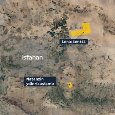 Ishfahanin kaupunki Iranissa ja lähistöllä oleva lentokenttä sekä ydinrikastamo.