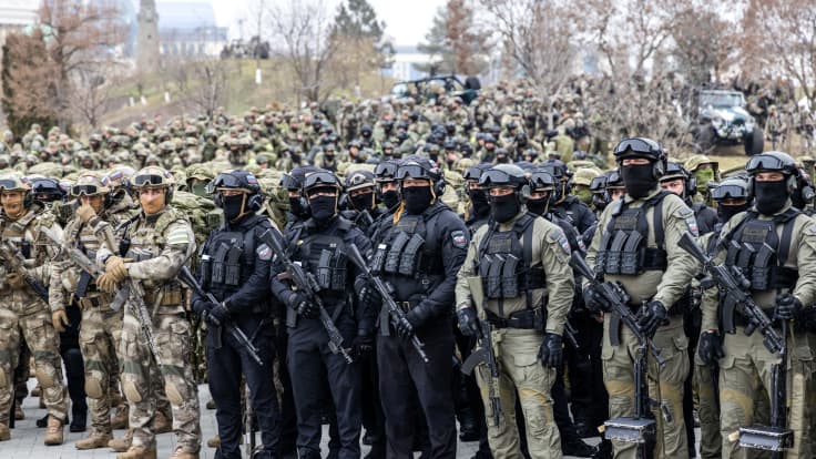 Sotilasjoukkoja seisomassa asennossa.