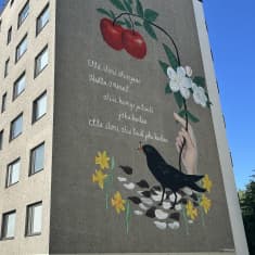 Kerrostalon seinään on maalattu kuva, jossa käsi pitelee omenapuun oksaa. Oksan alla on musta lintu.