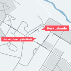 Keskuskoulun ja Linnoituksen päiväkodin sijainti Haminan kartalla.