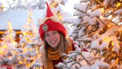 Tonttulakkinen nainen kurkistaa ison lumisen kuusen takaa hymyillen.