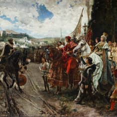 Francisco Pradillan maalaus Granadan antautuminen: Muhammad XII antautuu Kastilian kuningattarelle Isabellalle ja Aragonian kuninkaalle Ferdinandille, 1492
