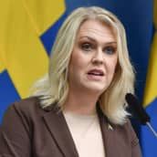 Ruotsin sosiaaliministeri Lena Hallengren puhui tiedotustilaisuudessa marraskuussa 2020. 