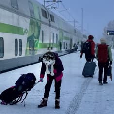 Junasta tulee matkustajia pakkassäässä Rovaniemellä.